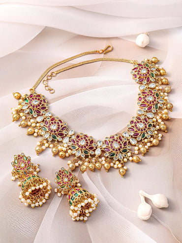 Rubans 22K Gold-Plated Ruby Pink, Emerald Green & White Kundan Studded Pearl Gold Beaded Necklace Set Jewellery Set