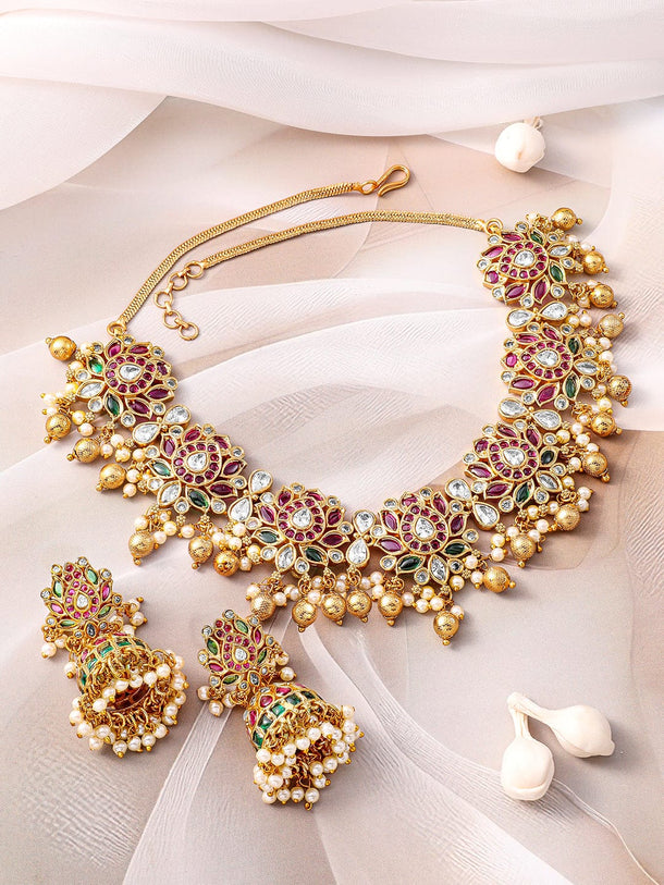 Rubans 22K Gold-Plated Ruby Pink, Emerald Green & White Kundan Studded Pearl Gold Beaded Necklace Set Jewellery Set