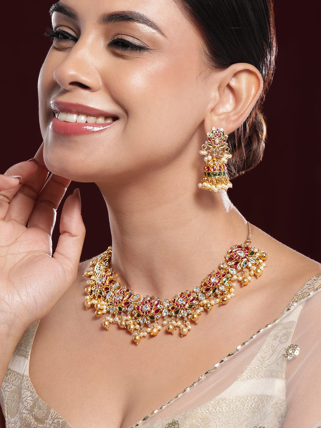 Rubans 22K Gold-Plated Ruby Pink, Emerald Green & White Kundan Studded Pearl Gold Beaded Necklace Set Jewellery Sets