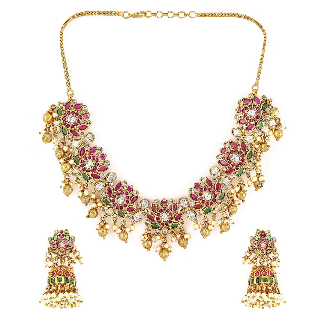 Rubans 22K Gold-Plated Ruby Pink, Emerald Green & White Kundan Studded Pearl Gold Beaded Necklace Set Jewellery Sets