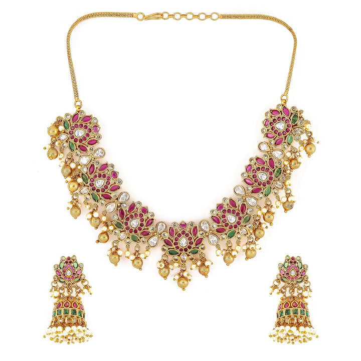 Rubans 22K Gold-Plated Ruby Pink, Emerald Green & White Kundan Studded Pearl Gold Beaded Necklace Set Jewellery Sets