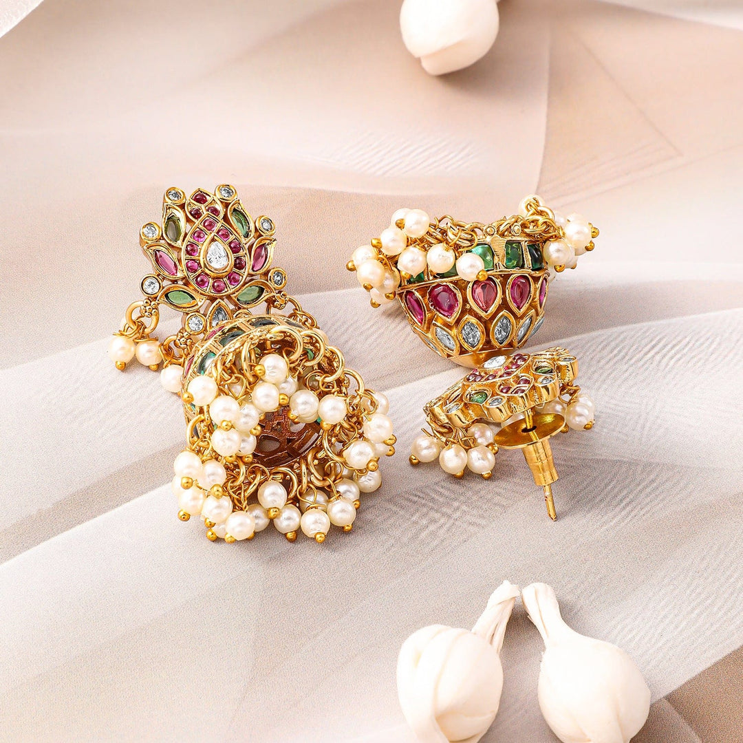 Rubans 22K Gold-Plated Ruby Pink, Emerald Green & White Kundan Studded Pearl Gold Beaded Necklace Set Jewellery Sets