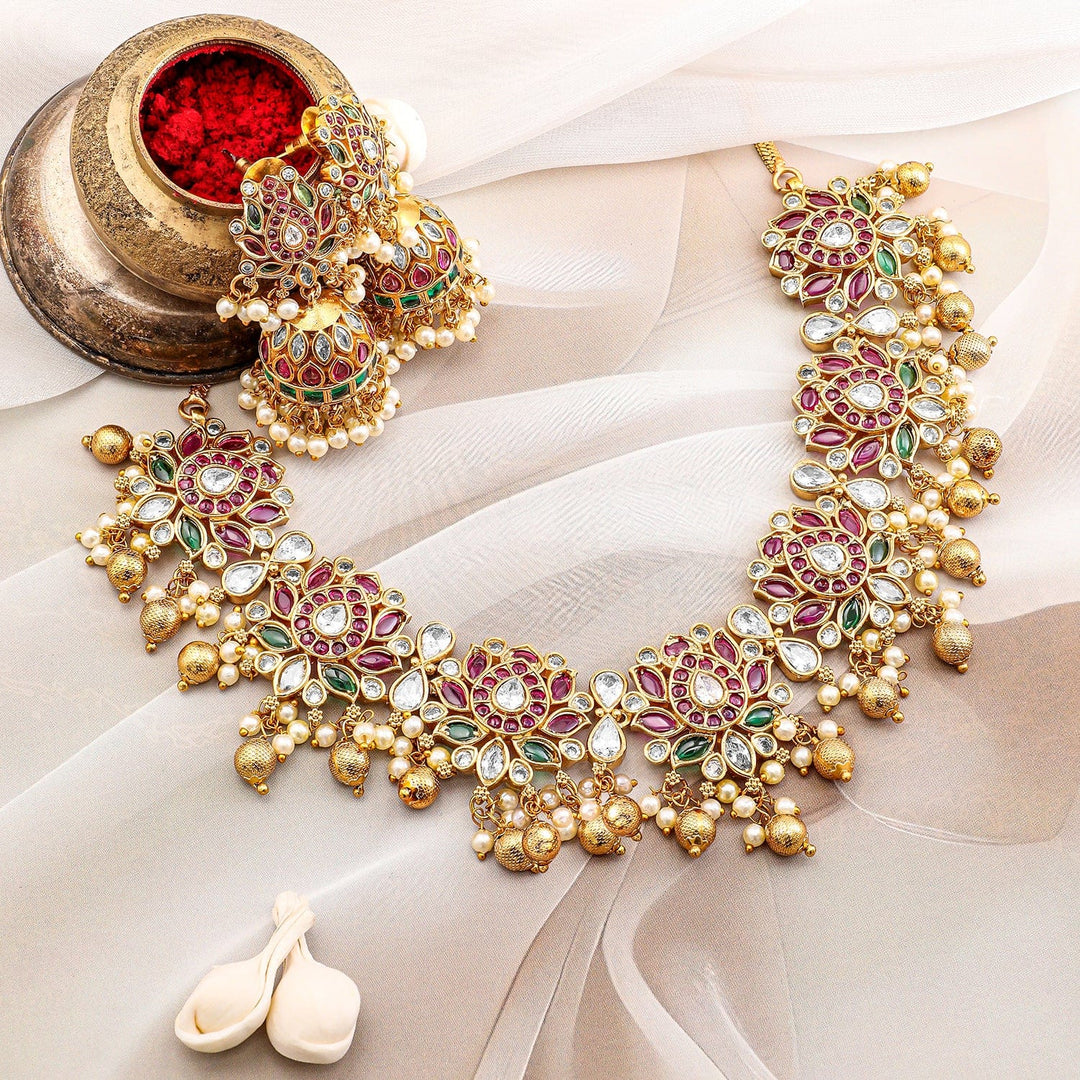 Rubans 22K Gold-Plated Ruby Pink, Emerald Green & White Kundan Studded Pearl Gold Beaded Necklace Set Jewellery Sets