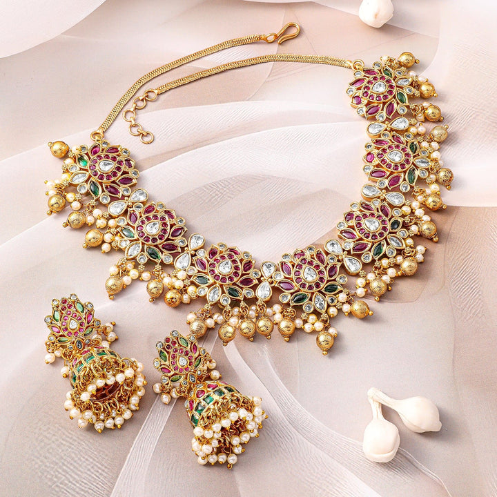 Rubans 22K Gold-Plated Ruby Pink, Emerald Green & White Kundan Studded Pearl Gold Beaded Necklace Set Jewellery Sets