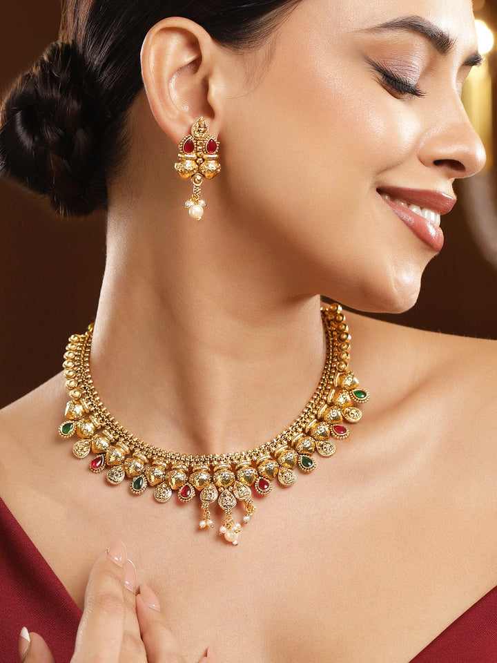Rubans 22K Gold-Plated Ruby Pink & Emerald Necklace Set with Golden Beaded Design and Pearl Drops Jewellery Set
