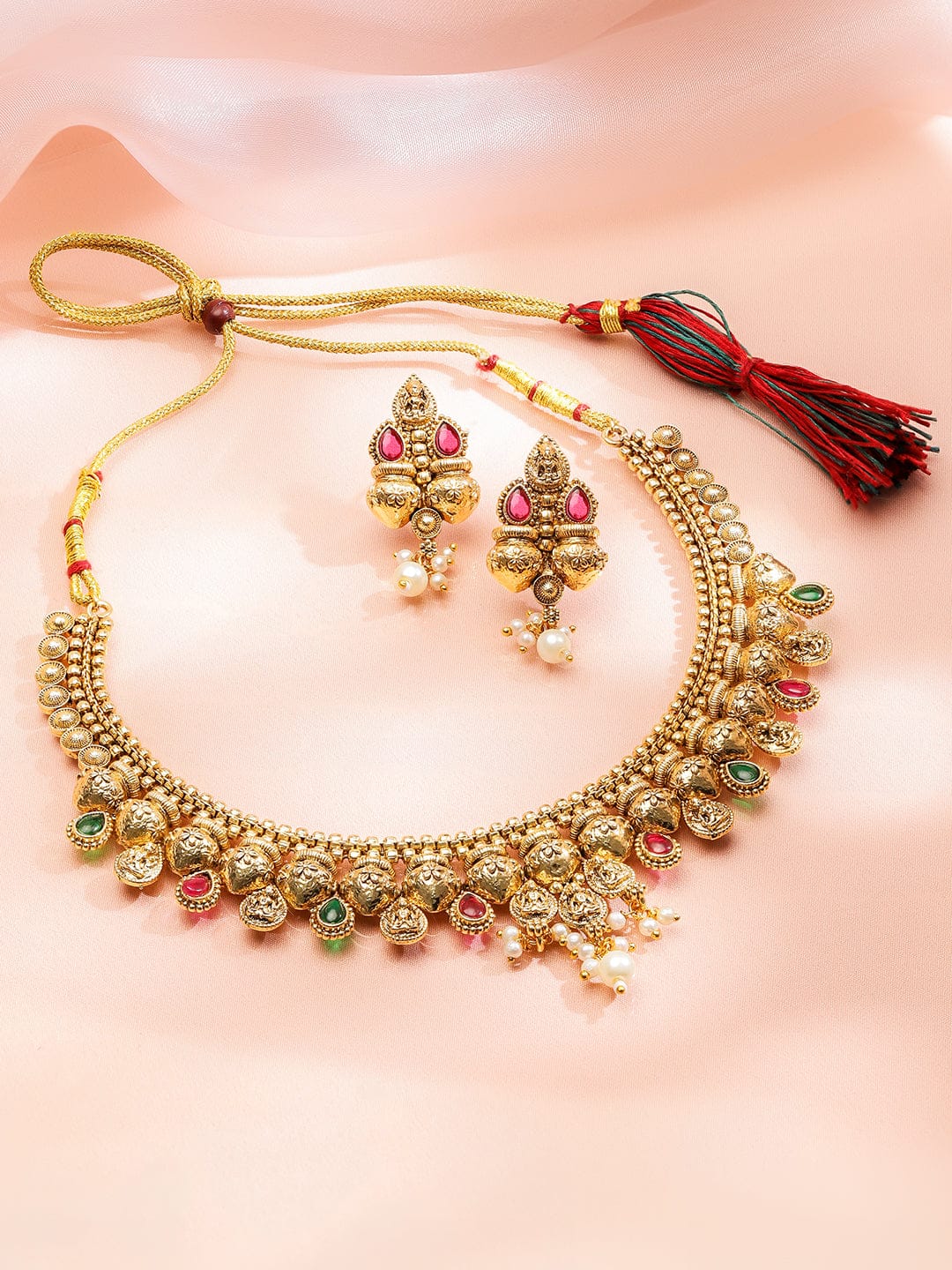 Rubans 22K Gold-Plated Ruby Pink & Emerald Necklace Set with Golden Beaded Design and Pearl Drops Jewellery Set