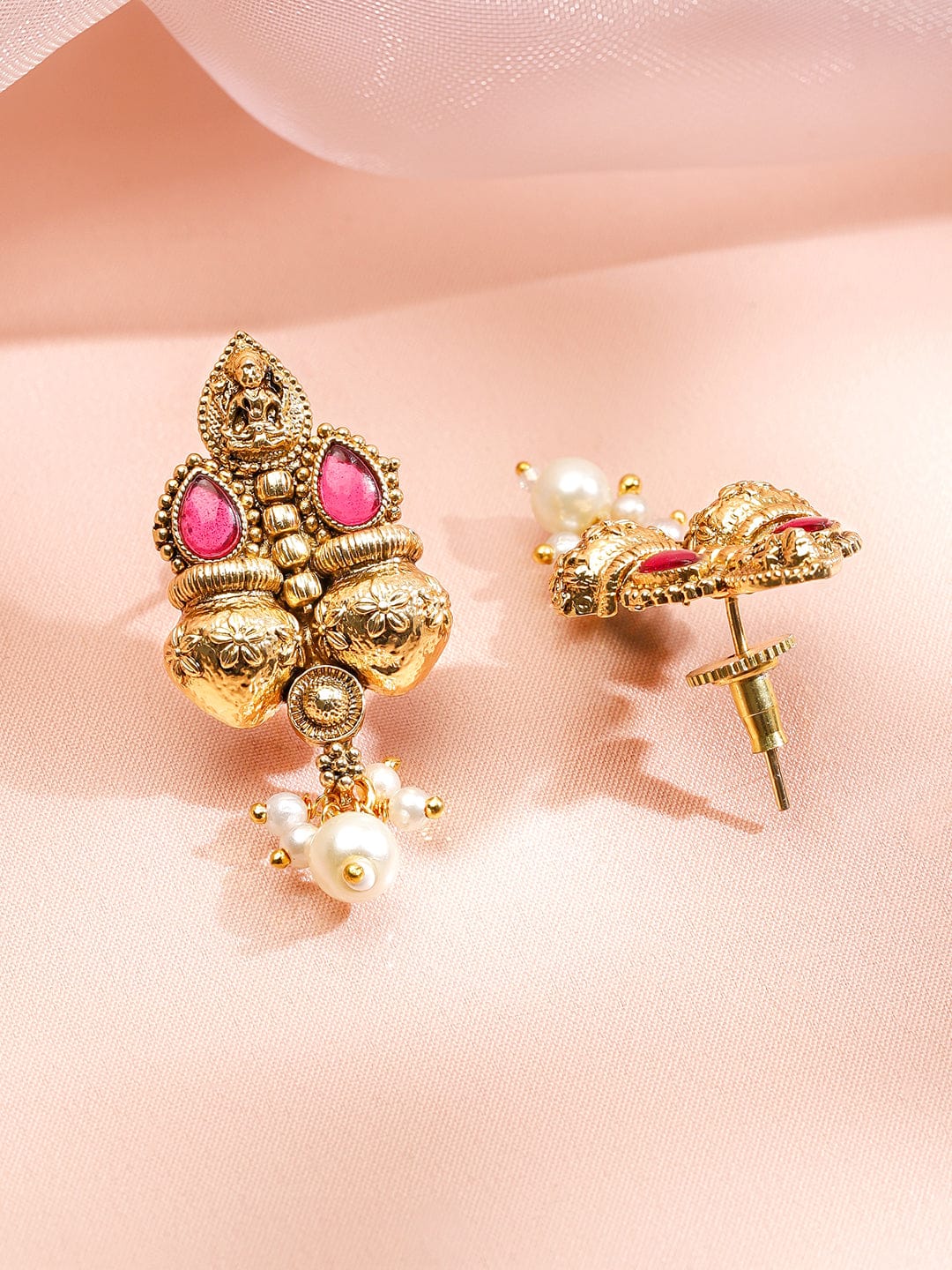 Rubans 22K Gold-Plated Ruby Pink & Emerald Necklace Set with Golden Beaded Design and Pearl Drops Jewellery Set