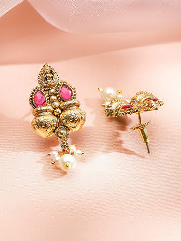 Rubans 22K Gold-Plated Ruby Pink & Emerald Necklace Set with Golden Beaded Design and Pearl Drops Jewellery Set