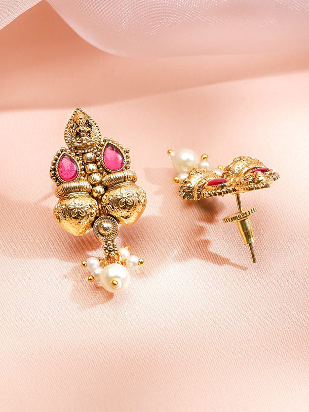Rubans 22K Gold-Plated Ruby Pink & Emerald Necklace Set with Golden Beaded Design and Pearl Drops Jewellery Set