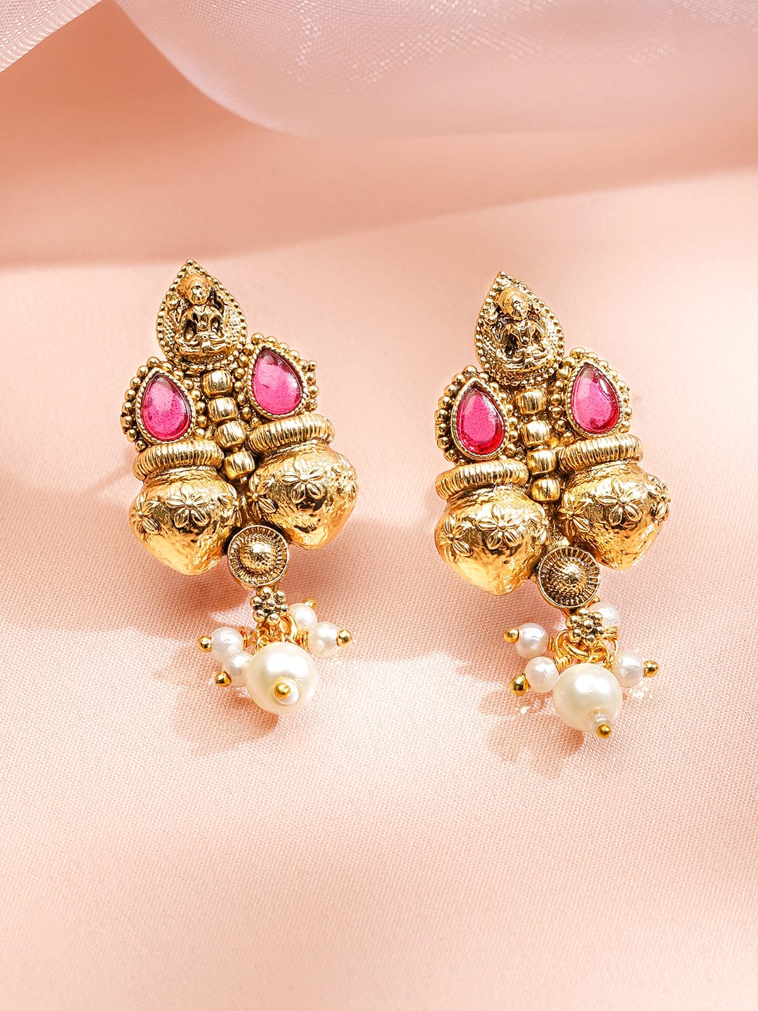 Rubans 22K Gold-Plated Ruby Pink & Emerald Necklace Set with Golden Beaded Design and Pearl Drops Jewellery Set