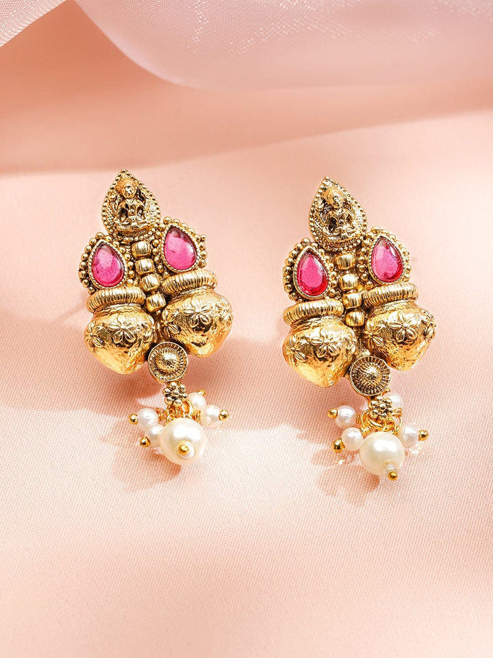 Rubans 22K Gold-Plated Ruby Pink & Emerald Necklace Set with Golden Beaded Design and Pearl Drops Jewellery Set