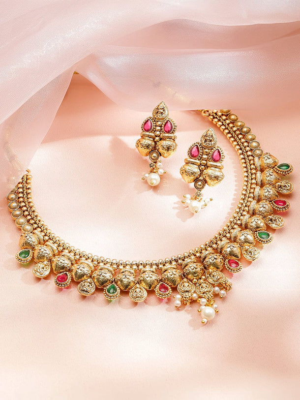 Rubans 22K Gold-Plated Ruby Pink & Emerald Necklace Set with Golden Beaded Design and Pearl Drops Necklace Set