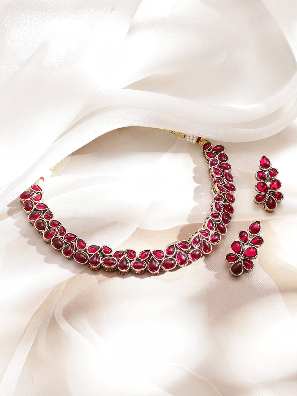 Rubans 22K Gold-Plated Ruby Pink Kundan Floral Cluster Statement Necklace Set Jewellery Set