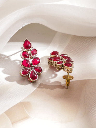 Rubans 22K Gold-Plated Ruby Pink Kundan Floral Cluster Statement Necklace Set Jewellery Set