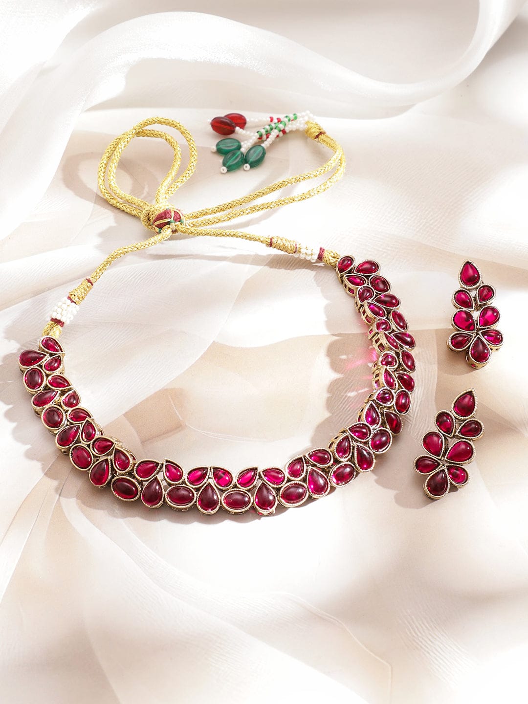 Rubans 22K Gold-Plated Ruby Pink Kundan Floral Cluster Statement Necklace Set Jewellery Set
