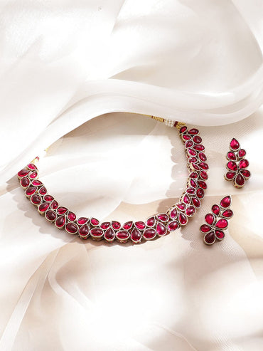 Rubans 22K Gold-Plated Ruby Pink Kundan Floral Cluster Statement Necklace Set Necklace Sets