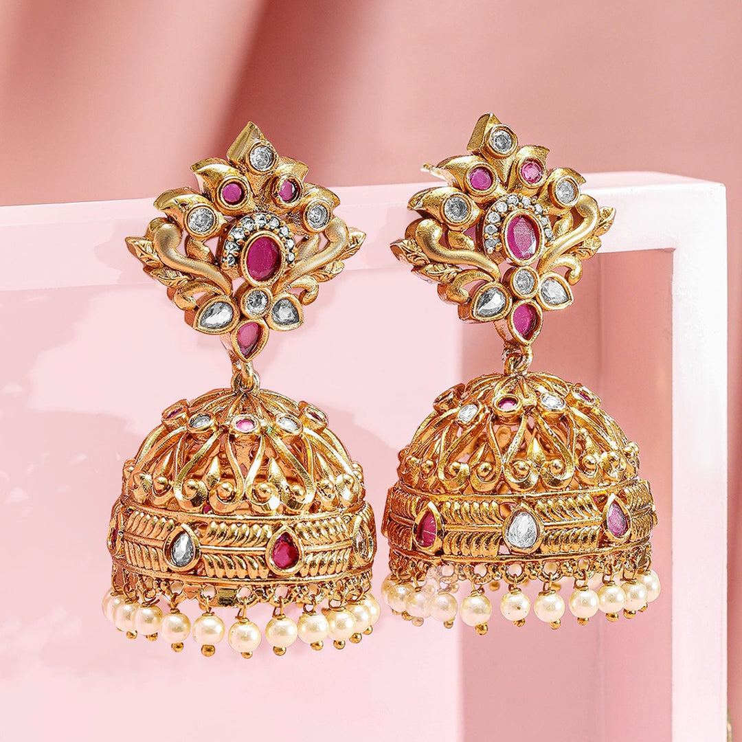 Rubans 22K Gold-Plated Ruby Pink & Kundan Studded Traditional Jhumka Earrings with Pearl Drops Jhumka Earrings