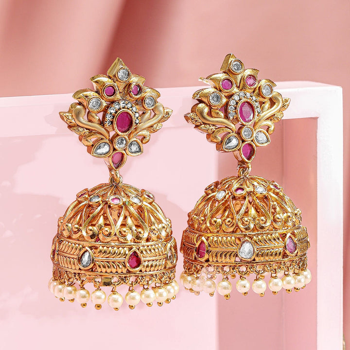 Rubans 22K Gold-Plated Ruby Pink & Kundan Studded Traditional Jhumka Earrings with Pearl Drops Jhumka Earrings