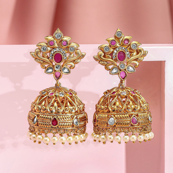 Rubans 22K Gold-Plated Ruby Pink & Kundan Studded Traditional Jhumka Earrings with Pearl Drops Jhumka Earrings