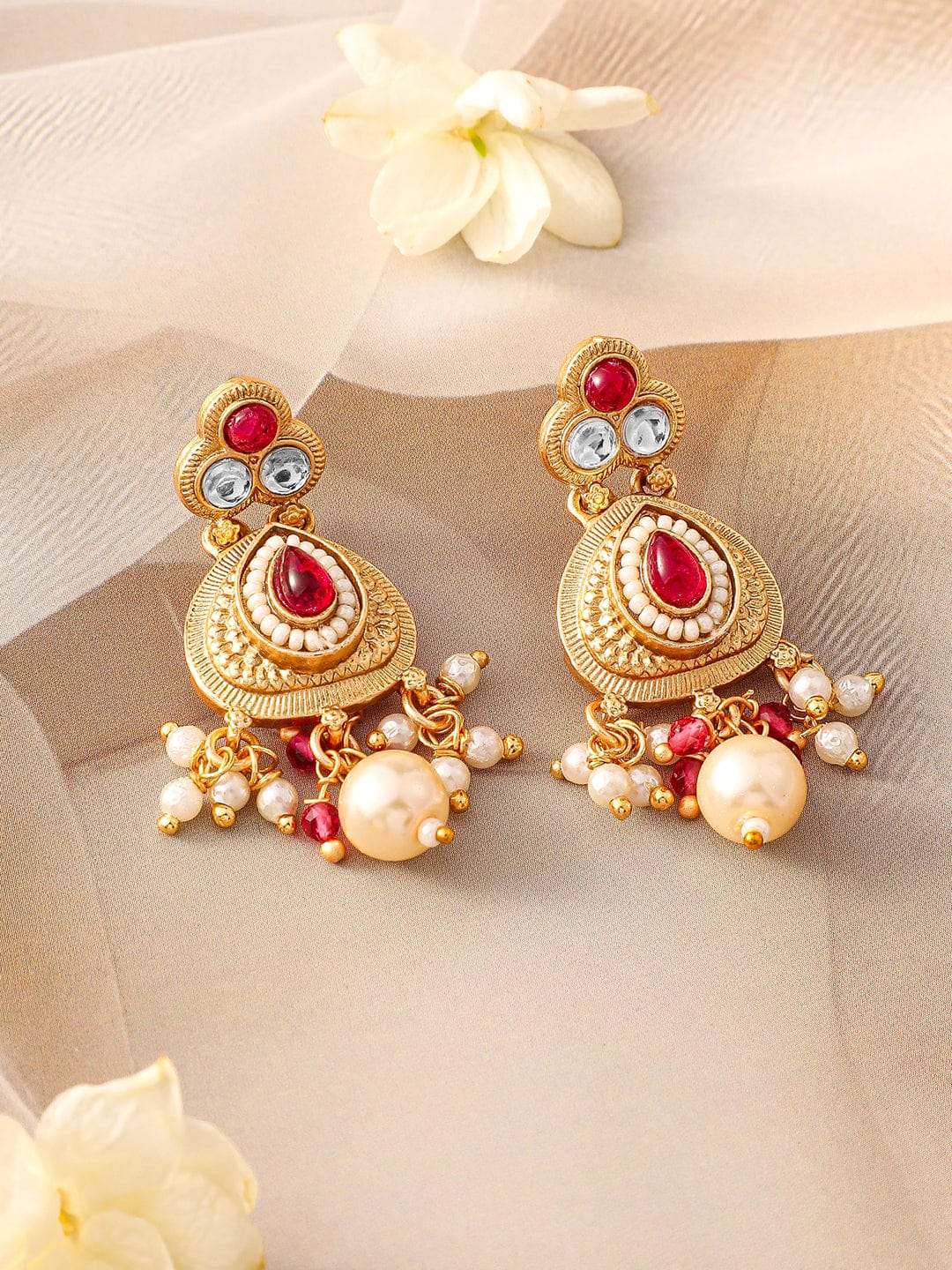 Rubans 22K Gold-Plated Ruby Pink Kundan Studded Traditional Necklace Set with Pearl Drops Jewellery Set