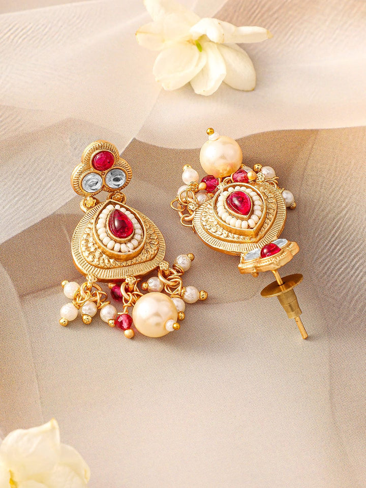 Rubans 22K Gold-Plated Ruby Pink Kundan Studded Traditional Necklace Set with Pearl Drops Jewellery Set