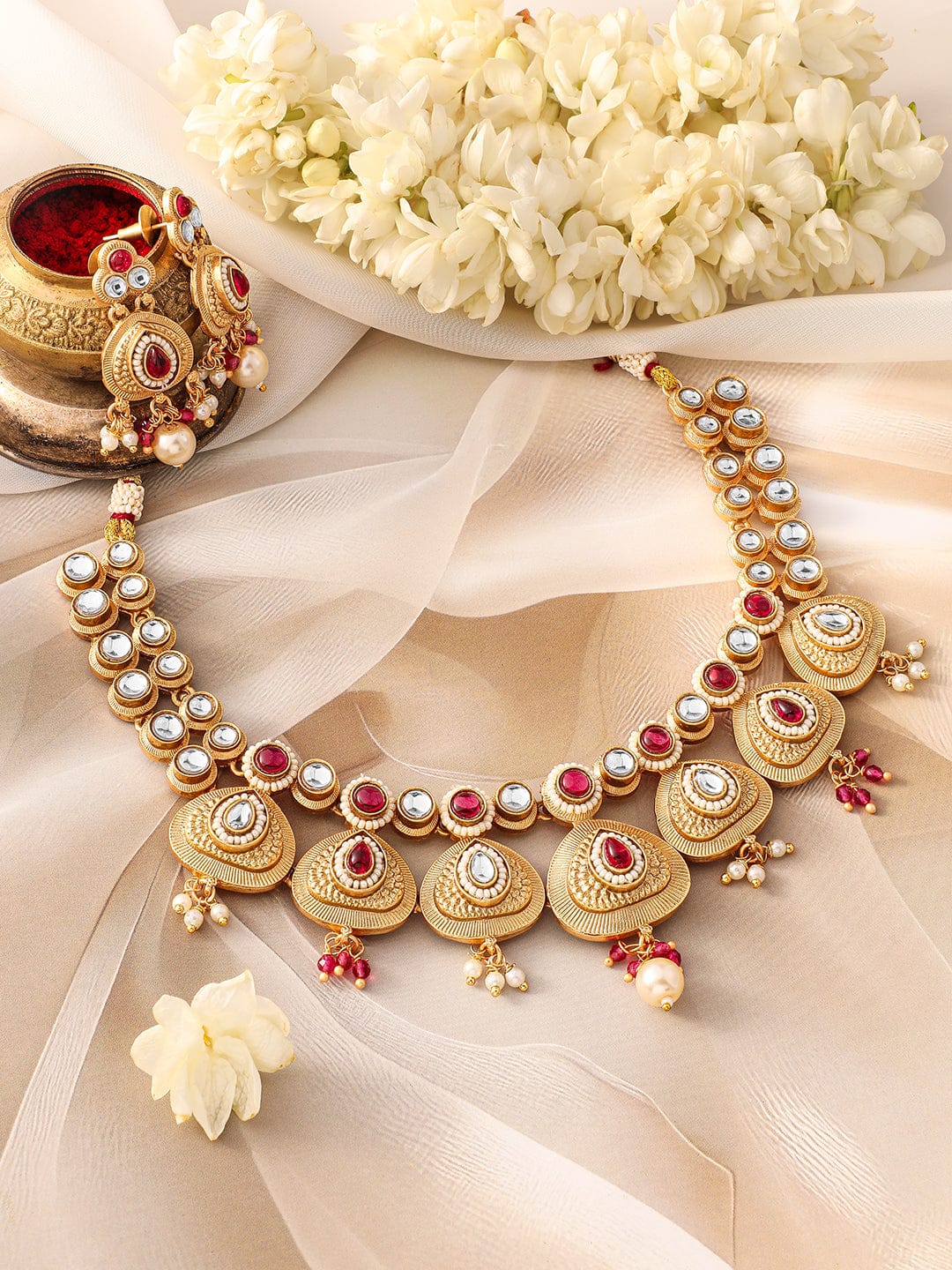 Rubans 22K Gold-Plated Ruby Pink Kundan Studded Traditional Necklace Set with Pearl Drops Jewellery Set