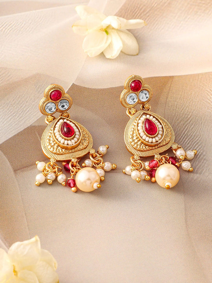 Rubans 22K Gold-Plated Ruby Pink Kundan Studded Traditional Necklace Set with Pearl Drops Jewellery Set