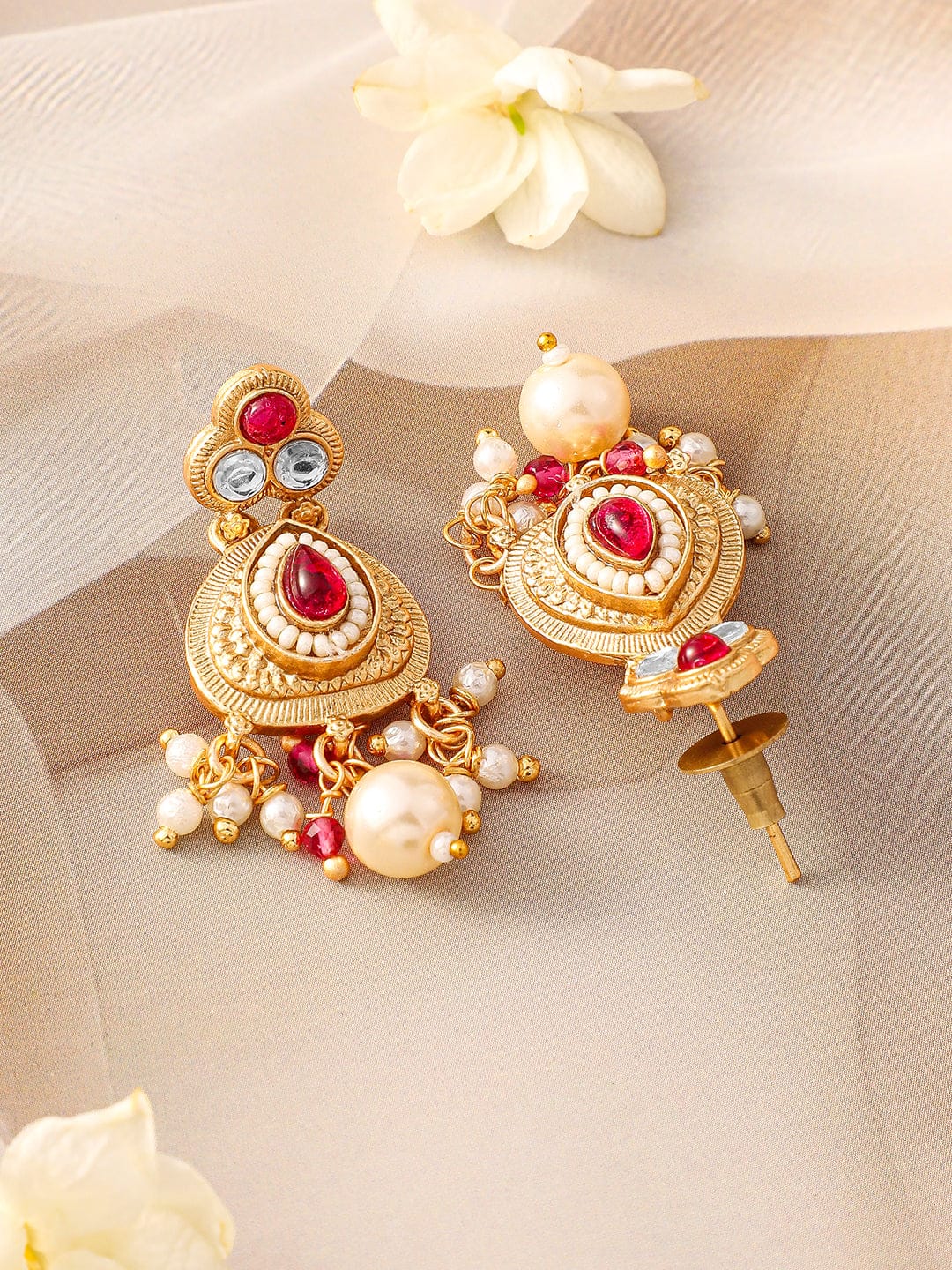 Rubans 22K Gold-Plated Ruby Pink Kundan Studded Traditional Necklace Set with Pearl Drops Jewellery Set