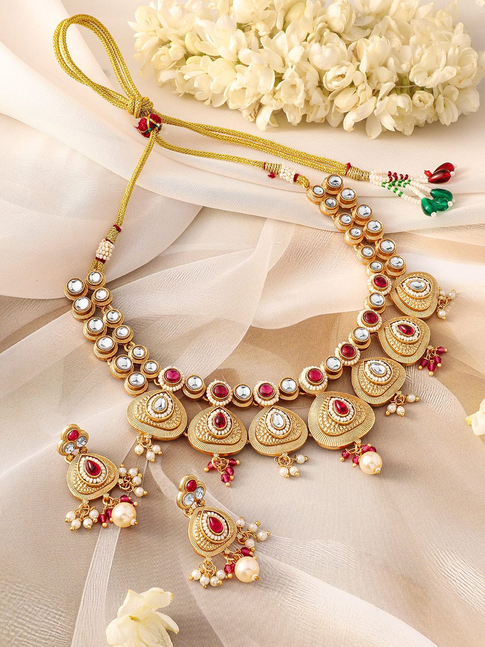 Rubans 22K Gold-Plated Ruby Pink Kundan Studded Traditional Necklace Set with Pearl Drops Jewellery Set
