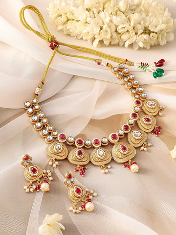 Rubans 22K Gold-Plated Ruby Pink Kundan Studded Traditional Necklace Set with Pearl Drops Jewellery Set