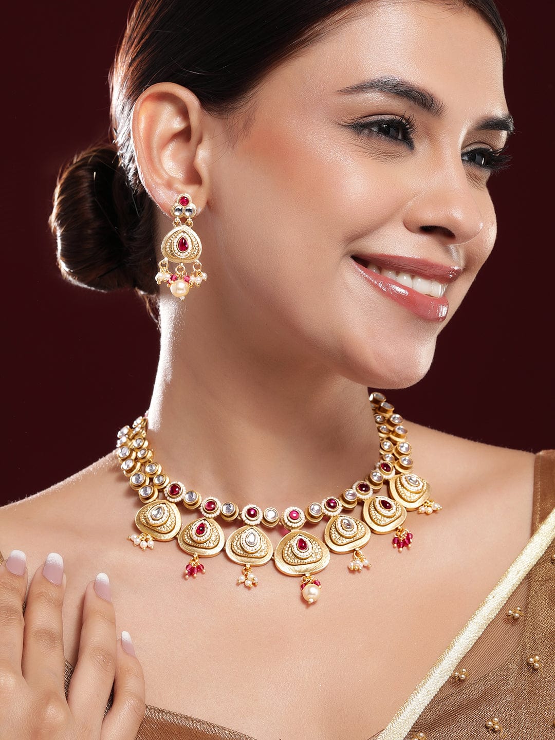 Rubans 22K Gold-Plated Ruby Pink Kundan Studded Traditional Necklace Set with Pearl Drops Necklace Set
