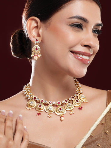 Rubans 22K Gold-Plated Ruby Pink Kundan Studded Traditional Necklace Set with Pearl Drops Necklace Set