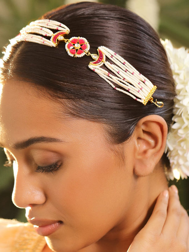 Rubans 22K Gold-Plated Ruby Pink Kundan & White Pearl Bridal Mattha Patti Headpiece for Women Head Jewellery
