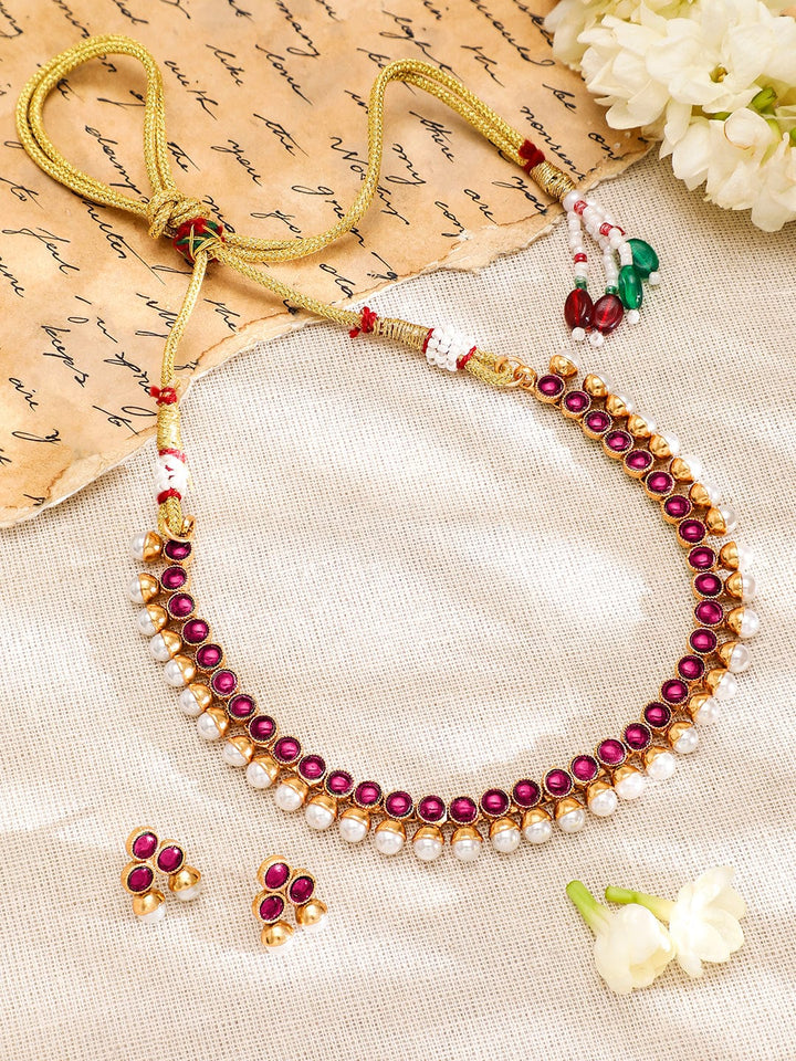 Rubans 22K Gold-Plated Ruby Pink & Pearl Beaded Traditional Jewellery Set Jewellery Set