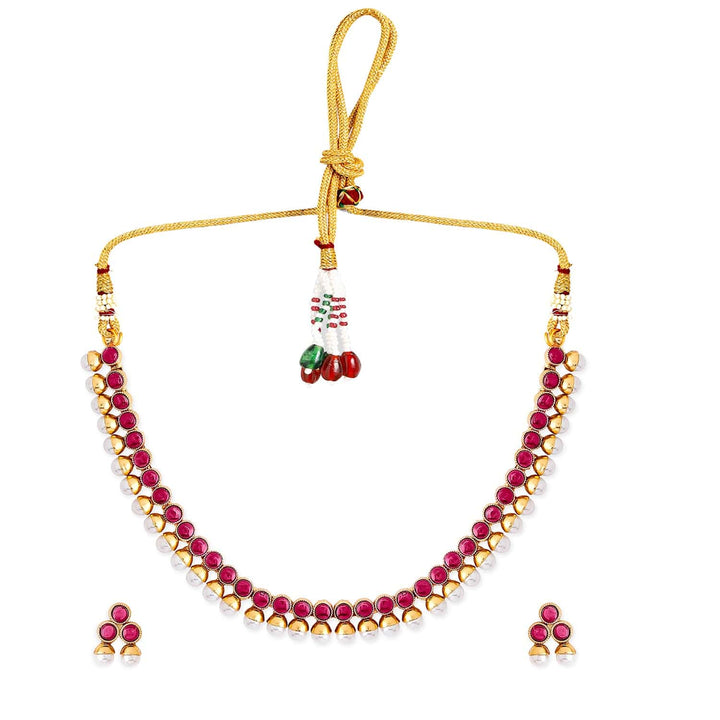 Rubans 22K Gold-Plated Ruby Pink & Pearl Beaded Traditional Jewellery Set Jewellery Set