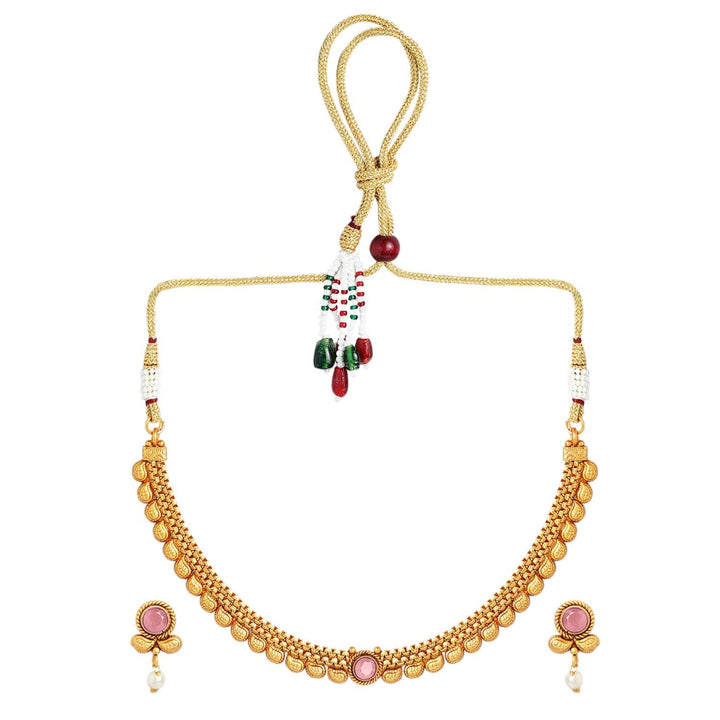 Rubans 22K Gold-Plated Ruby Pink & Pearl Beaded Traditional Necklace Set Necklace Set