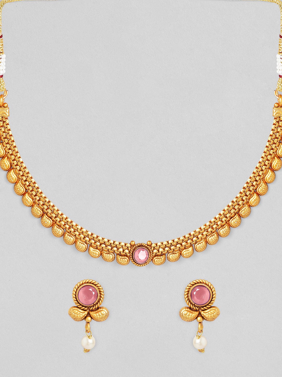 Rubans 22K Gold-Plated Ruby Pink & Pearl Beaded Traditional Necklace Set Necklace Set