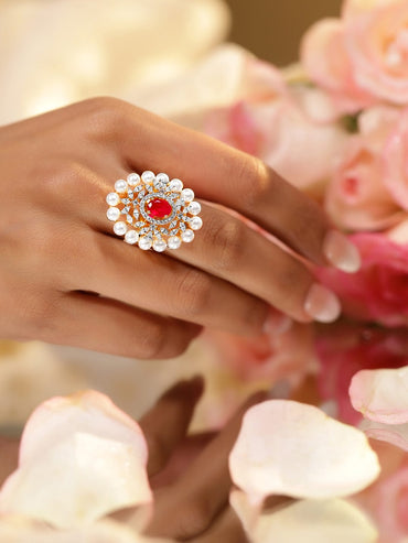 Rubans 22K Gold-Plated Ruby Pink, Pearl & Cubic Zirconia Studed Adjustable Finger Ring Finger Rings