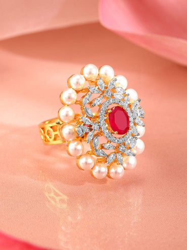 Rubans 22K Gold-Plated Ruby Pink, Pearl & Cubic Zirconia Studed Adjustable Finger Ring Rings