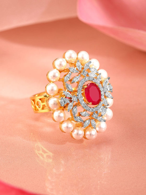 Rubans 22K Gold-Plated Ruby Pink, Pearl & Cubic Zirconia Studed Adjustable Finger Ring Rings