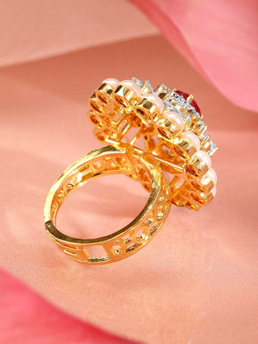 Rubans 22K Gold-Plated Ruby Pink, Pearl & Cubic Zirconia Studed Adjustable Finger Ring Rings