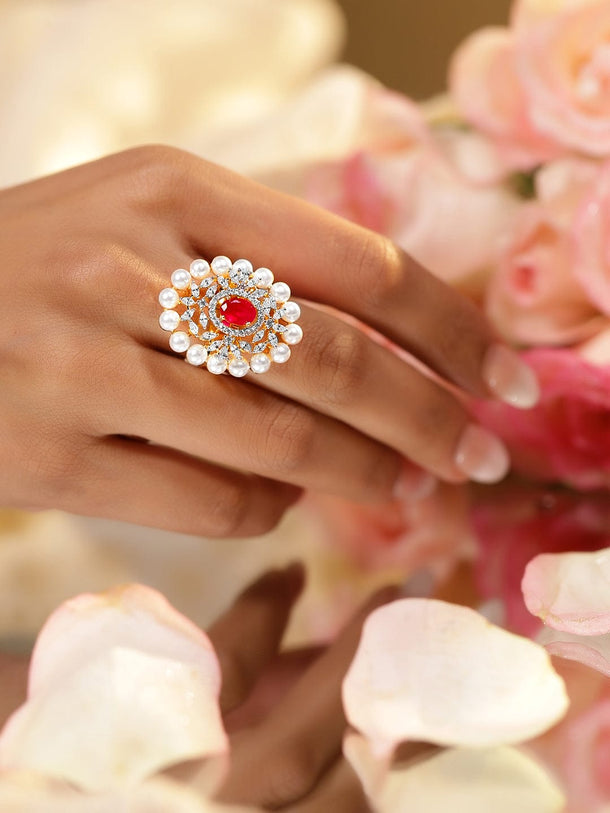 Rubans 22K Gold-Plated Ruby Pink, Pearl & Cubic Zirconia Studed Adjustable Finger Ring Rings