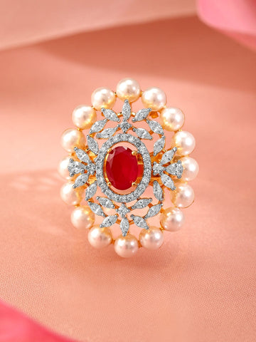 Rubans 22K Gold-Plated Ruby Pink, Pearl & Cubic Zirconia Studed Adjustable Finger Ring Rings