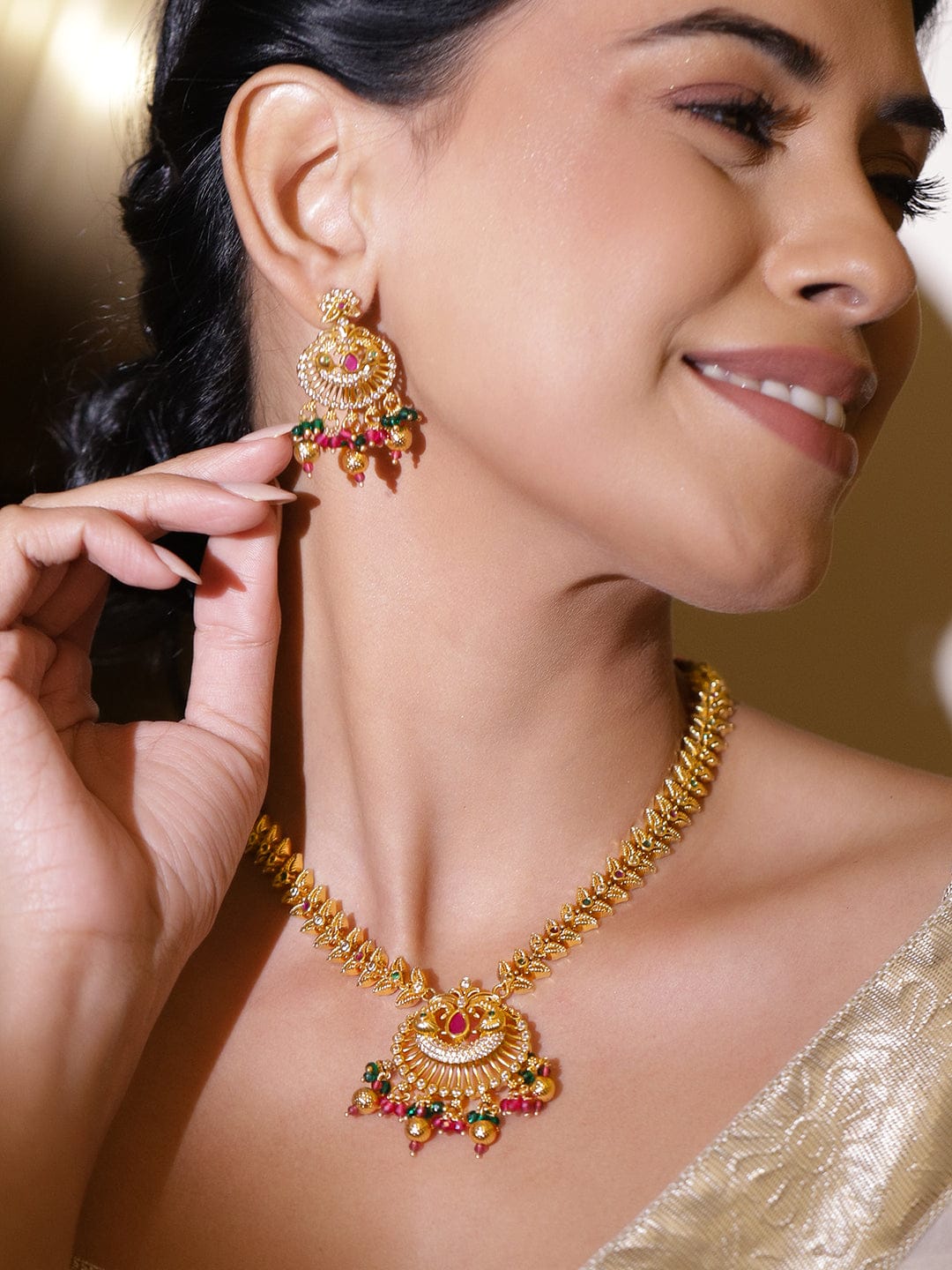 Rubans 22K Gold-Plated Ruby Pink Stone Necklace Set with Multicolor Pearl & Beaded Details Jewellery Set