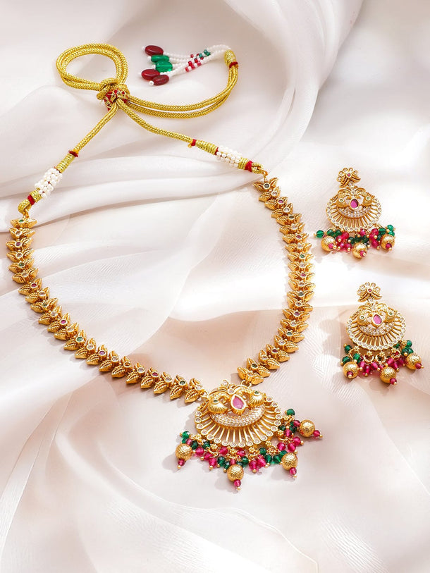 Rubans 22K Gold-Plated Ruby Pink Stone Necklace Set with Multicolor Pearl & Beaded Details Jewellery Set