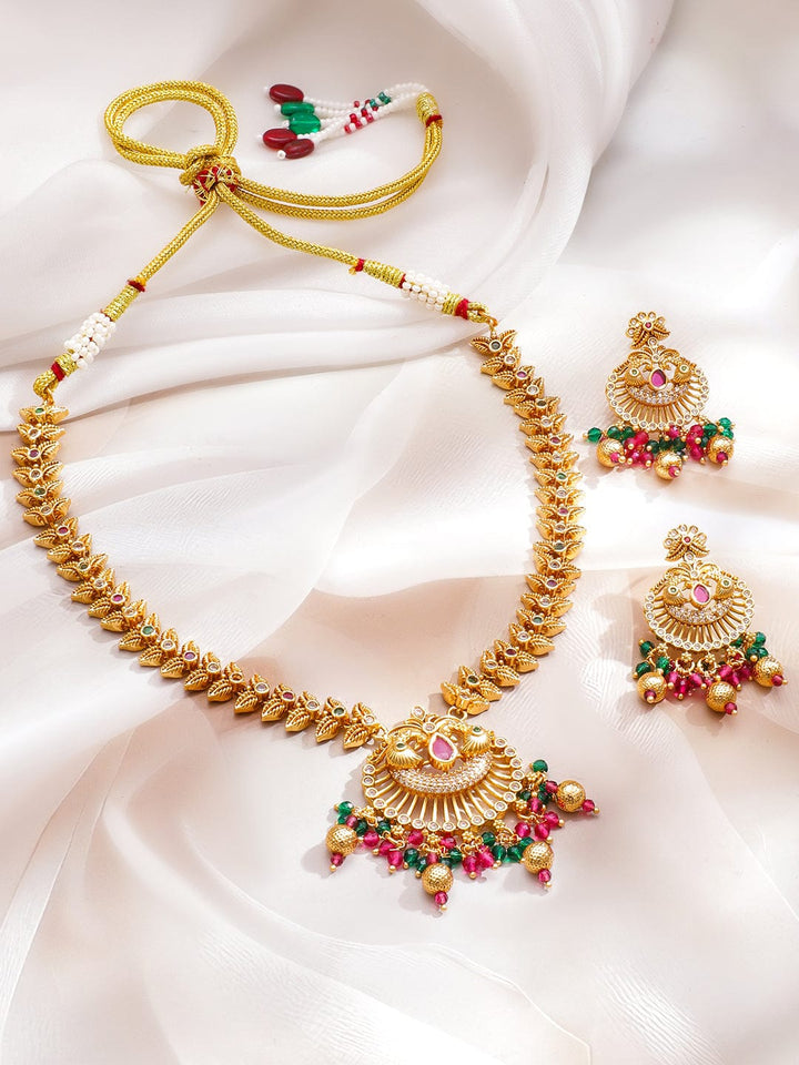 Rubans 22K Gold-Plated Ruby Pink Stone Necklace Set with Multicolor Pearl & Beaded Details Jewellery Set