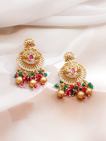 Rubans 22K Gold-Plated Ruby Pink Stone Necklace Set with Multicolor Pearl & Beaded Details Jewellery Set