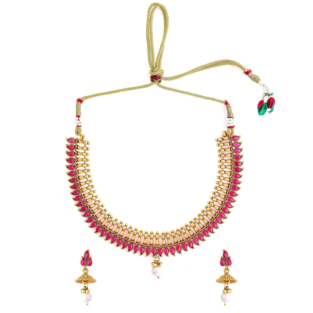 Rubans 22K Gold-Plated Ruby Pink Stone & Pearl Drop Traditional Jewellery Set Choker, Choker set & Kundan Choker set