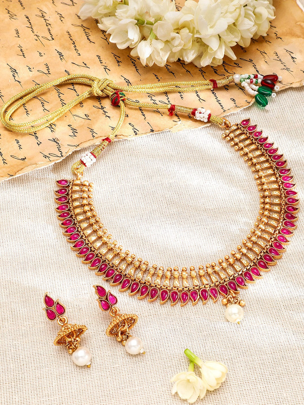 Rubans 22K Gold-Plated Ruby Pink Stone & Pearl Drop Traditional Jewellery Set Choker, Choker set & Kundan Choker set