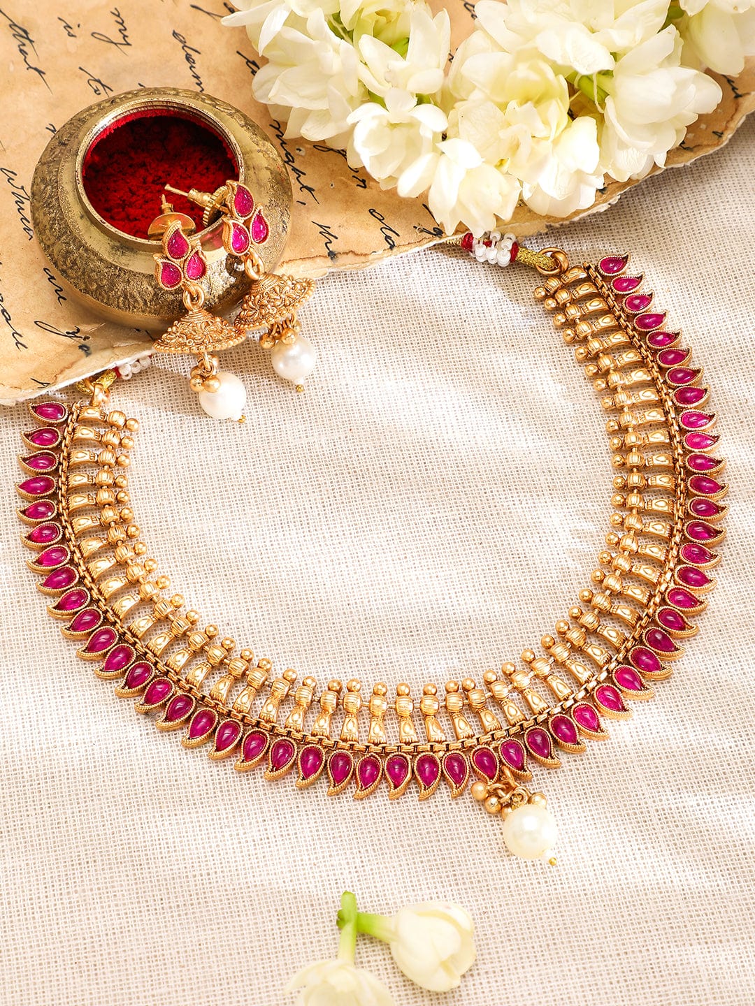 Rubans 22K Gold-Plated Ruby Pink Stone & Pearl Drop Traditional Jewellery Set Choker, Choker set & Kundan Choker set